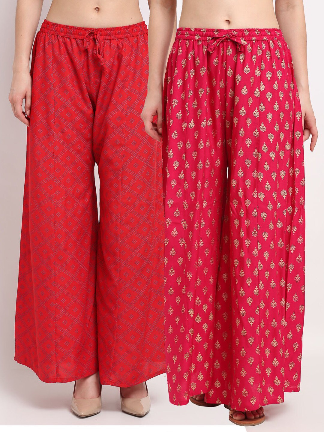 

GRACIT Women Red & Pink 2 Floral Printed Knitted Ethnic Palazzos