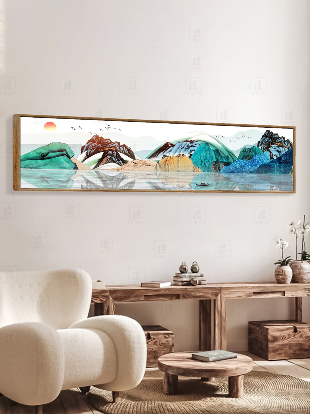 

Art Street White & Blue Mountain and sun rise Canvas Framed Wall Art