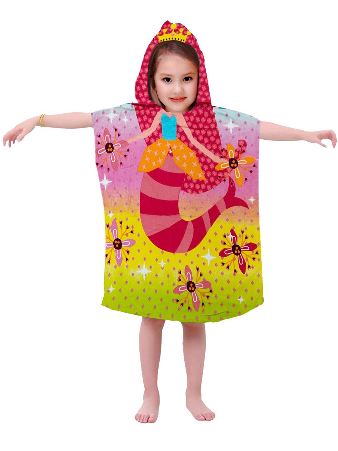 

Athom Trendz Pink & Green Mermaid Princess Printed 350 GSM Hooded Bath Towel Poncho