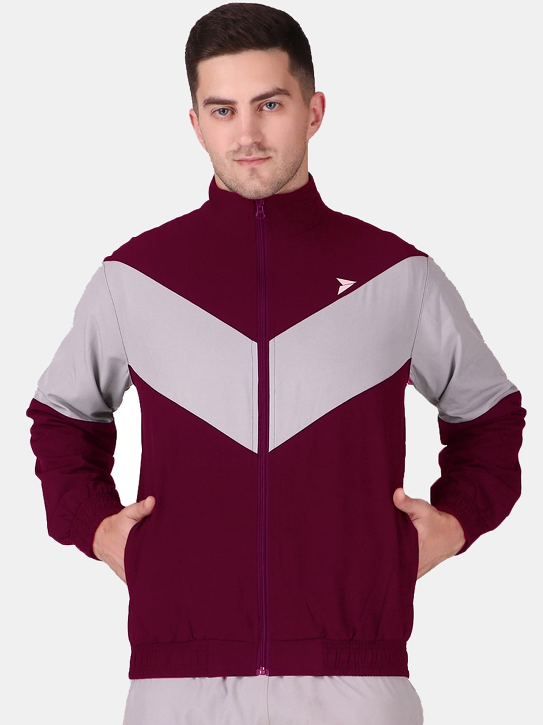 

FITINC Men Maroon & Grey Colourblocked Reflective Strip Sporty Jacket with Zipper Pockets