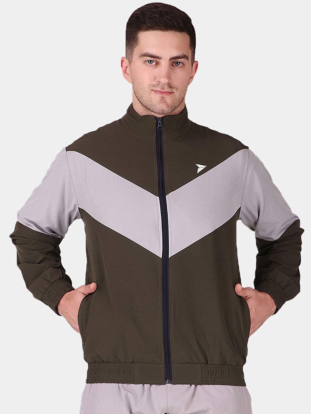 

FITINC Men Olive Green Grey Colourblocked Antimicrobial Outdoor Sporty Jacket