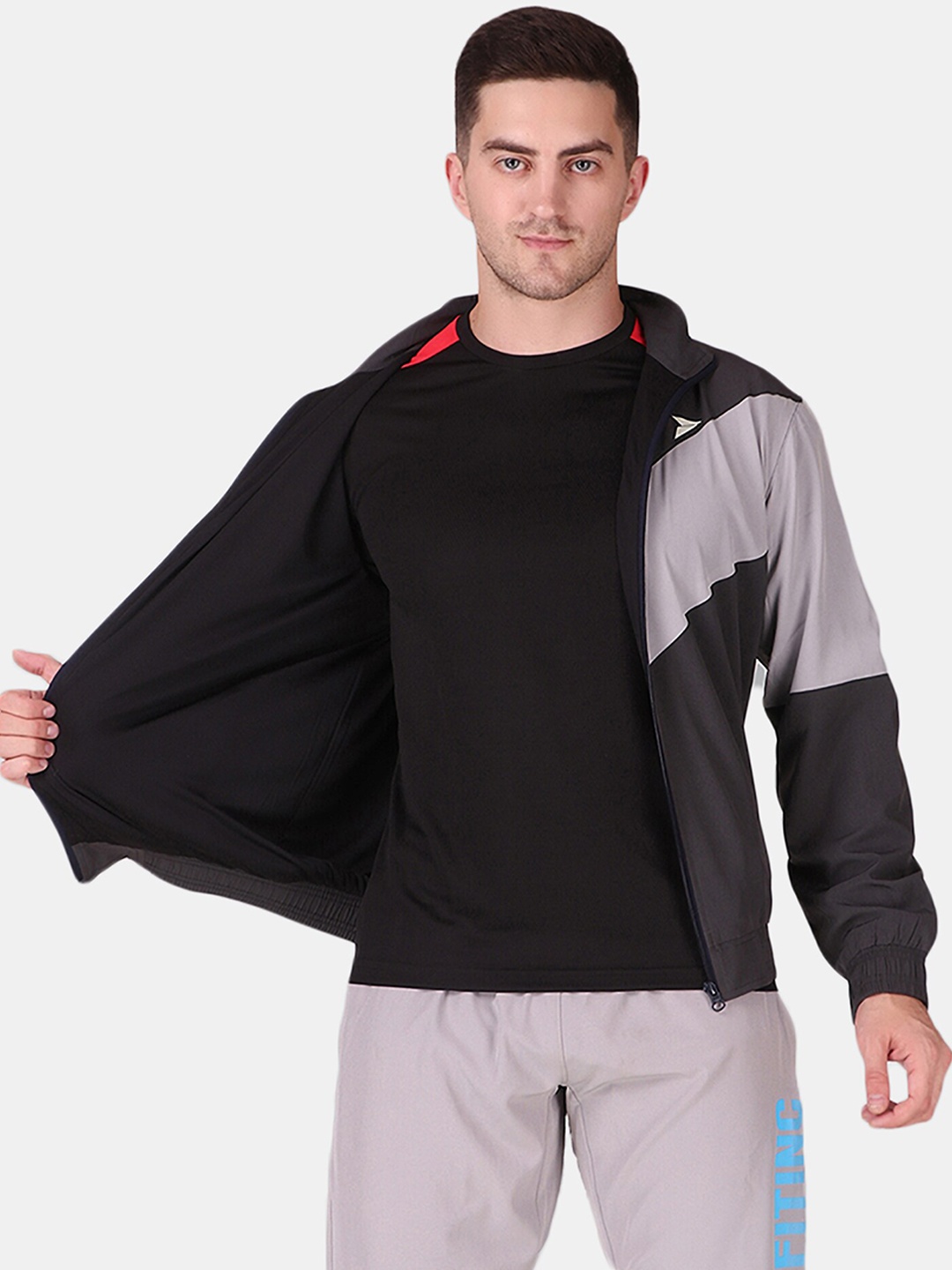 

FITINC Men Black & Grey Colourblocked Outdoor Sporty Jacket