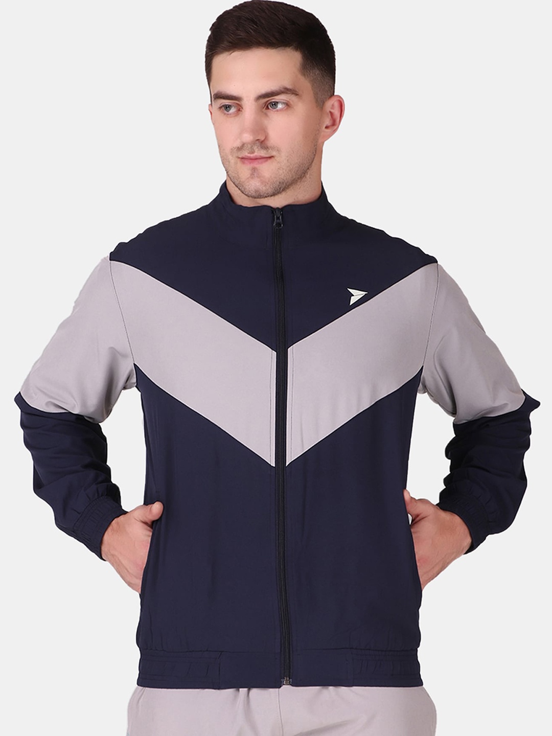 

FITINC Men Navy Blue Colourblocked Reflective Strip Antimicrobial Outdoor Sporty Jacket