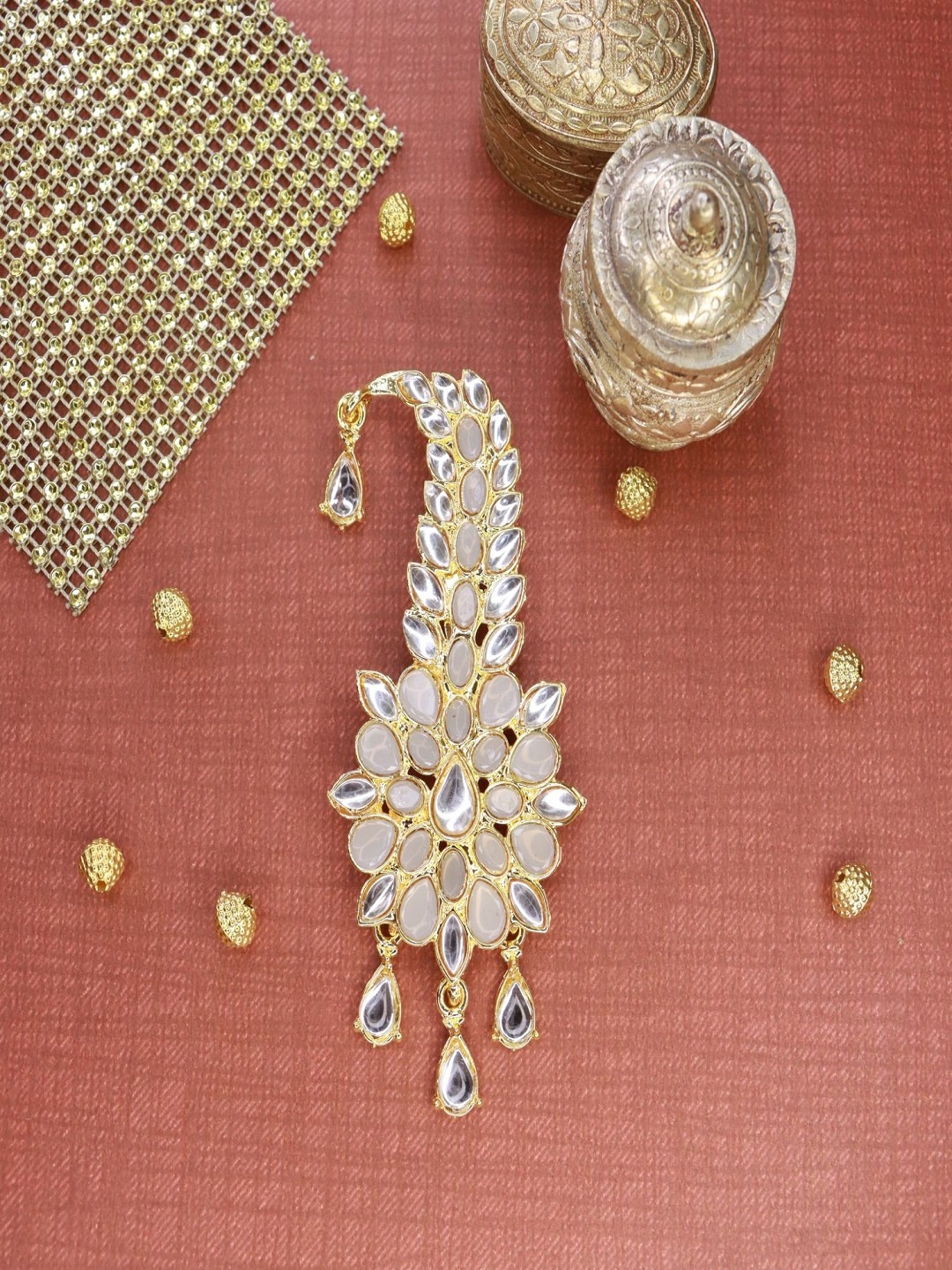 

I Jewels Men Gold-Plated Grey & White Kundan Studded & Beaded Maharaja Pagdi Kalangi