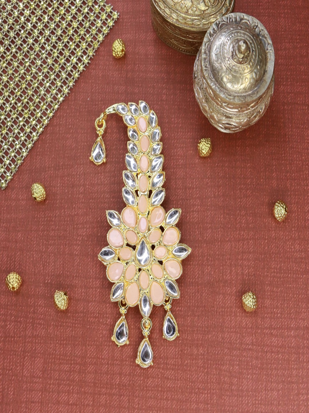 

I Jewels Men Gold-Plated Peach & White Kundan Studded & Beaded Maharaja Pagdi Kalangi