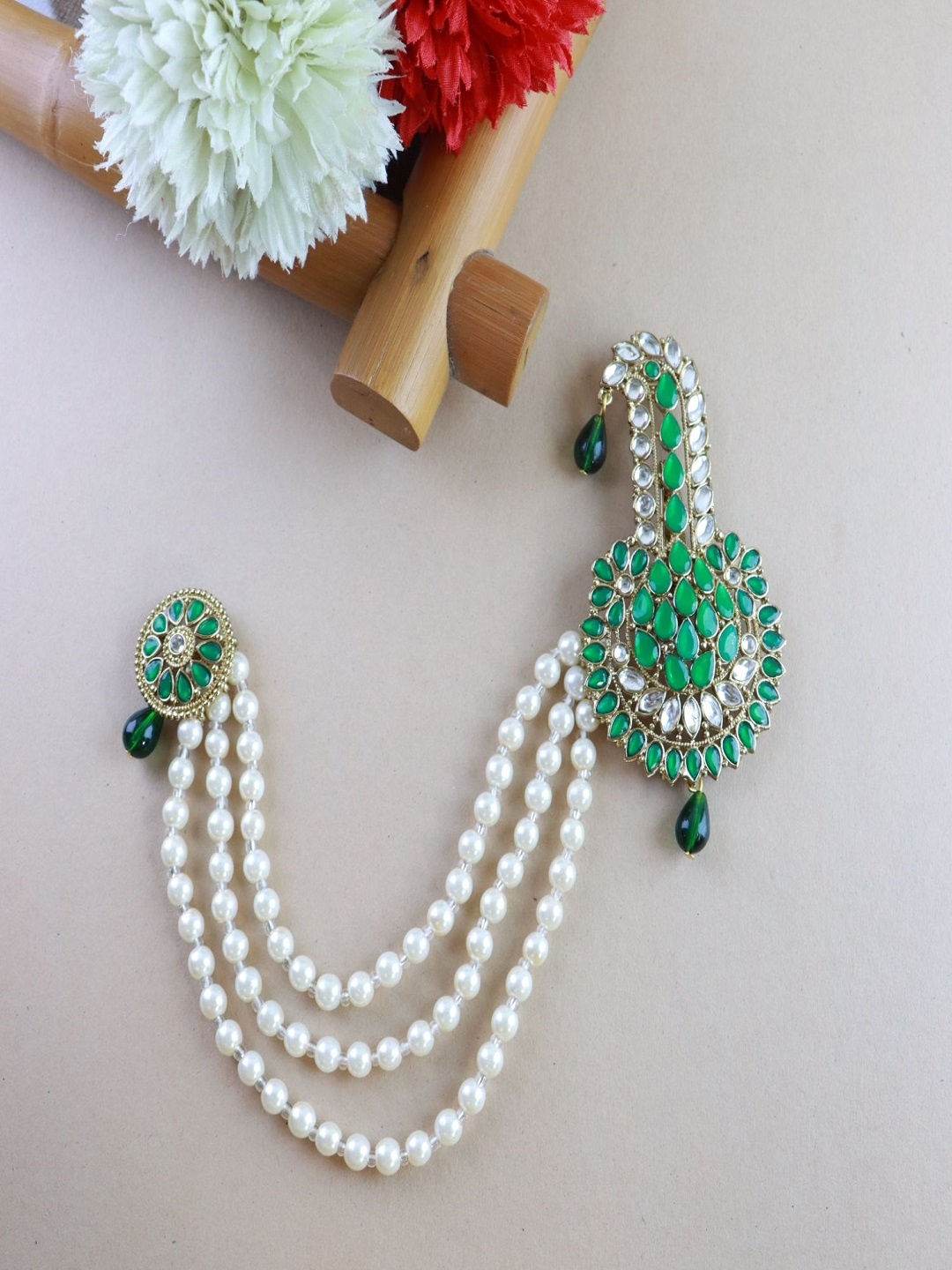 

I Jewels Men Green & White Gold-Plated Kundan Handcrafted Maharaja Pagdi Kalangi