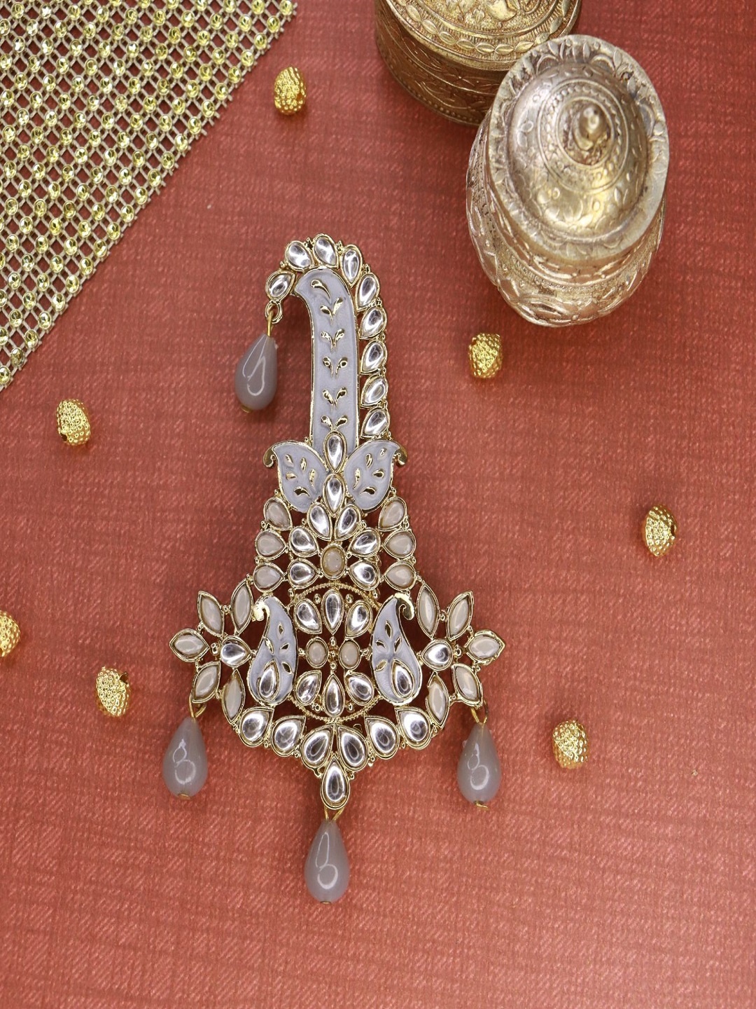 

I Jewels Men Gold-Toned Grey & White Kundan Studded & Beaded Maharaja Pagdi Kalangi