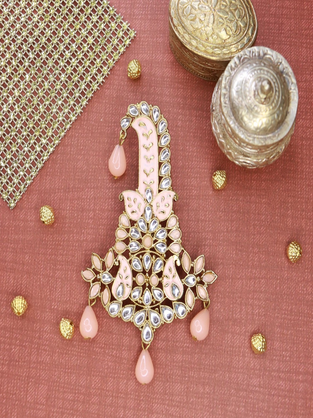 

I Jewels Men Gold-Toned Peach & White Kundan Studded & Beaded Maharaja Pagdi Kalangi