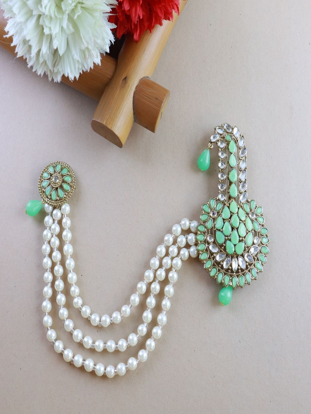 

I Jewels Men Mint Green & White Gold-Plated Kundan Handcrafted Maharaja Pagdi Kalangi