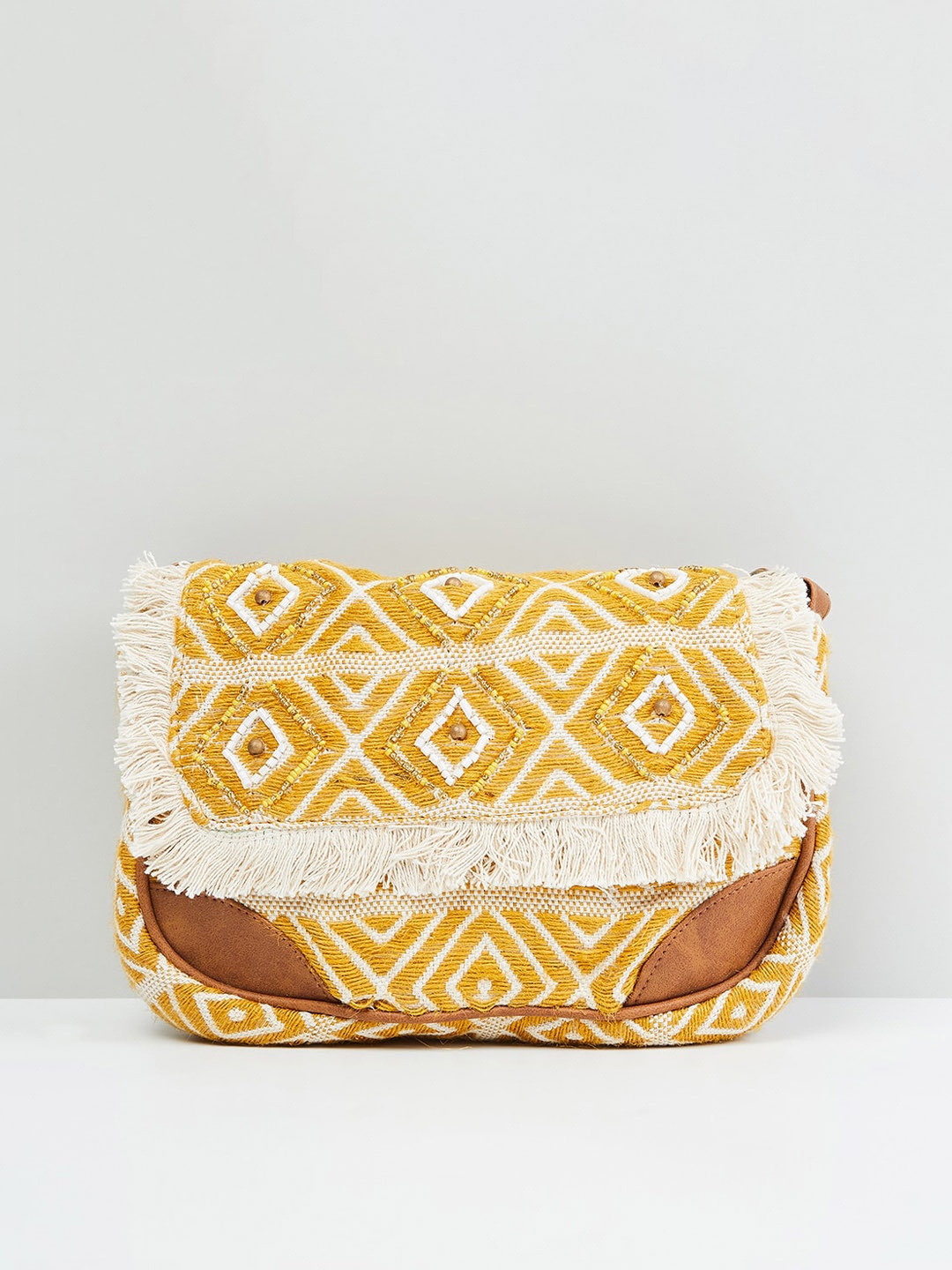 

max Women Embroidered Flap Closure Sling Bag, Mustard