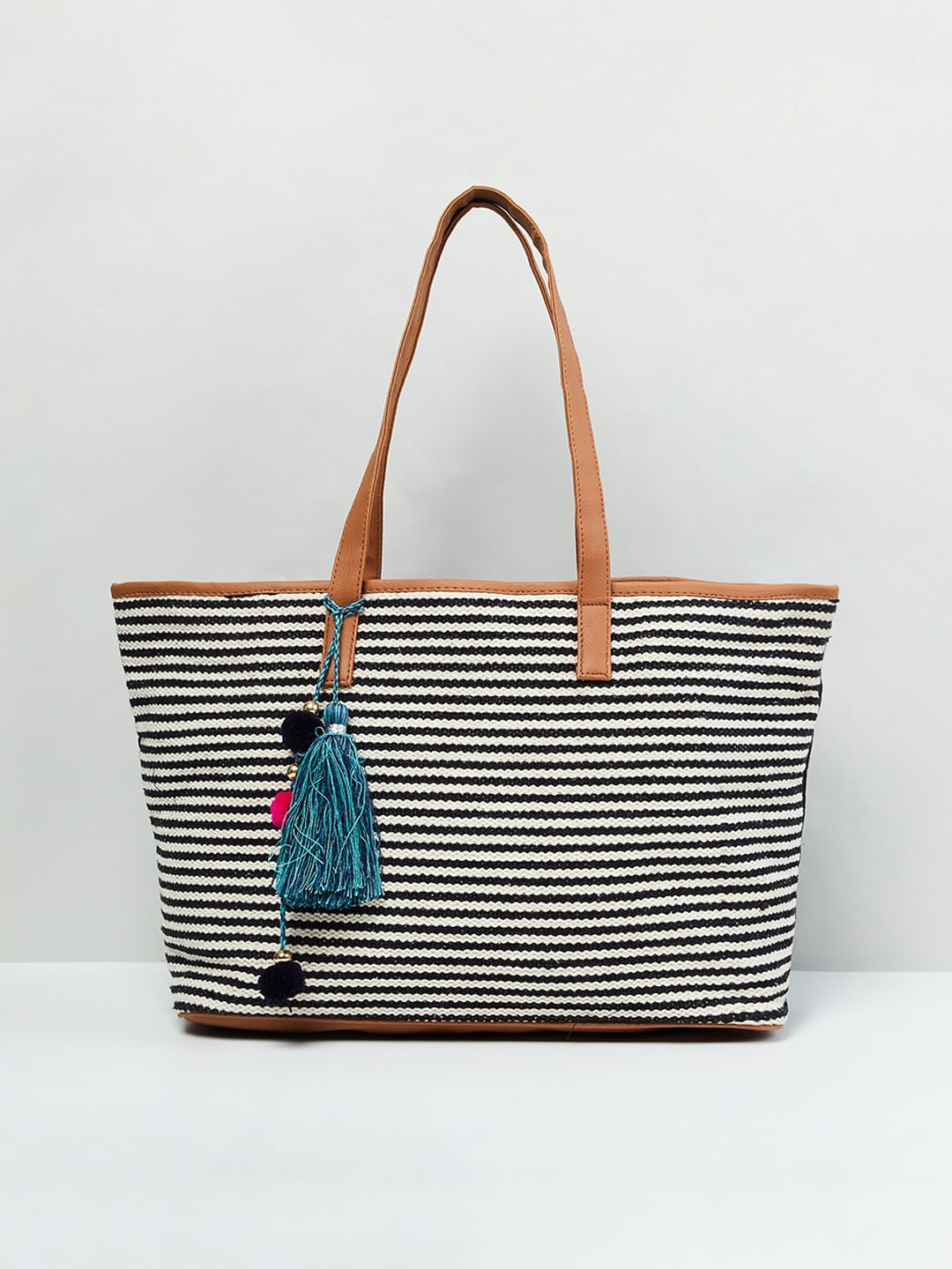 

max Women Striped Tote Bag with Tassel Detail, Off white