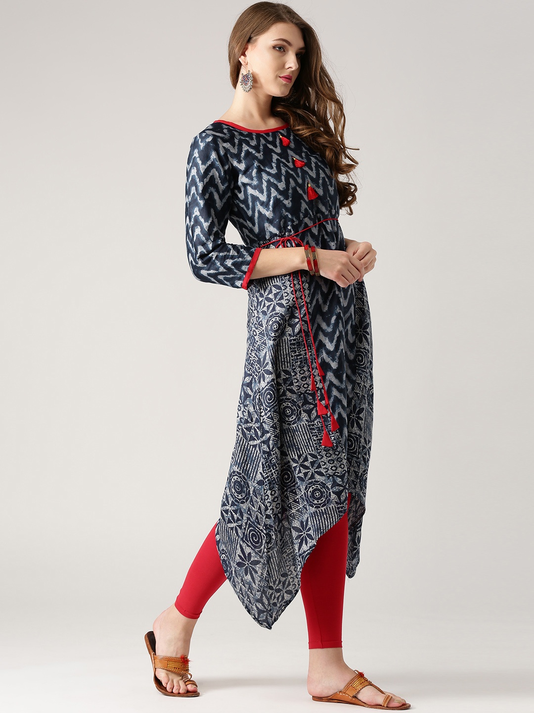 

Libas Women Navy Printed Asymmetric A-Line Kurta, Navy blue