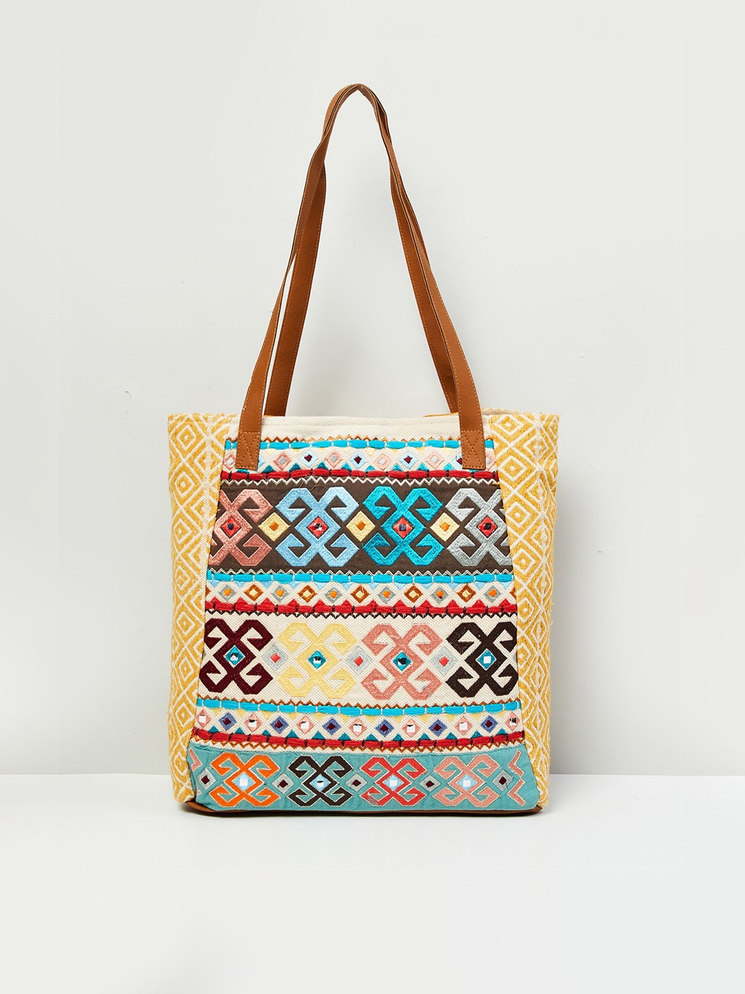 max Women Embroidered Tote Bag, Mustard