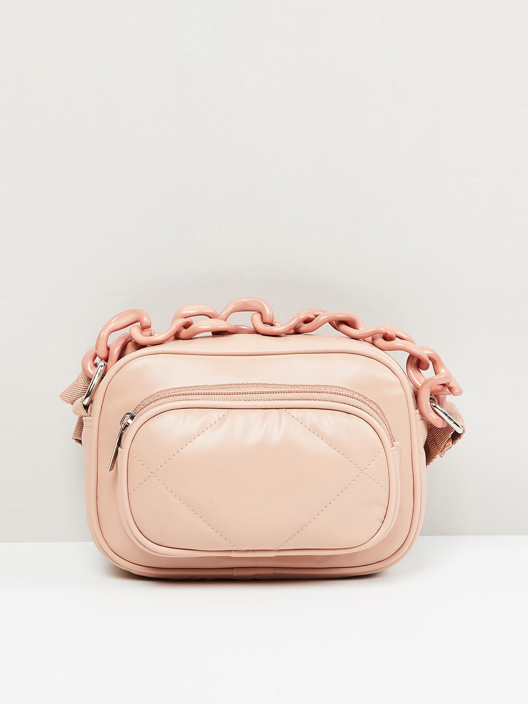 

max Women Quilted Zip-Closure Sling Bag with Chain Strap, Peach