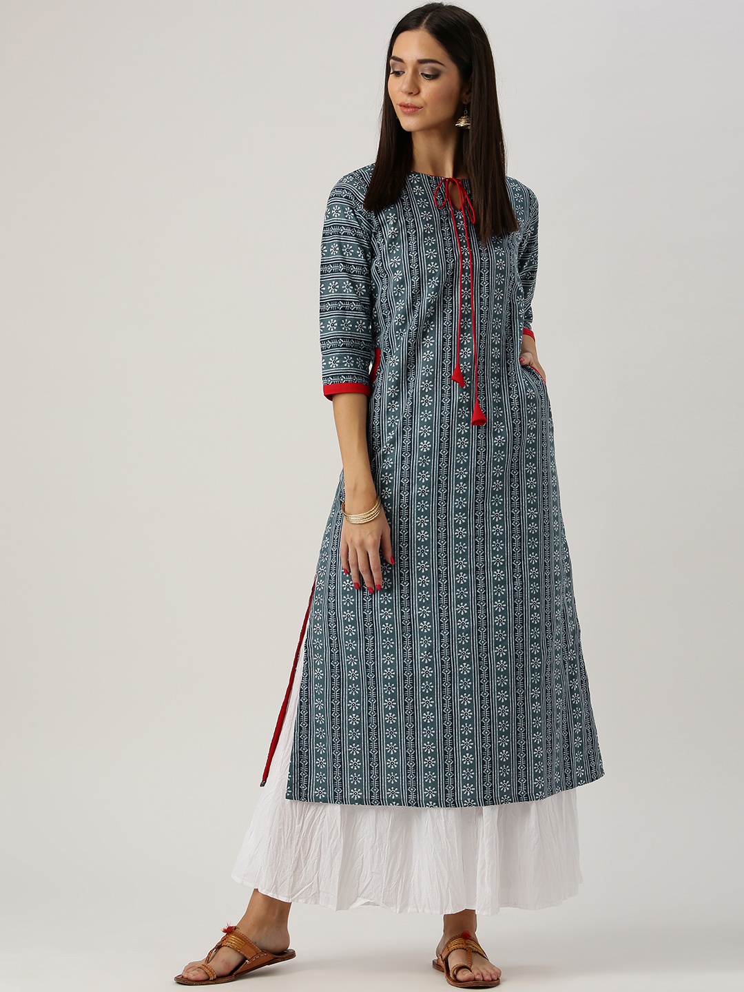 Libas Women Blue & White Printed A-Line Kurta