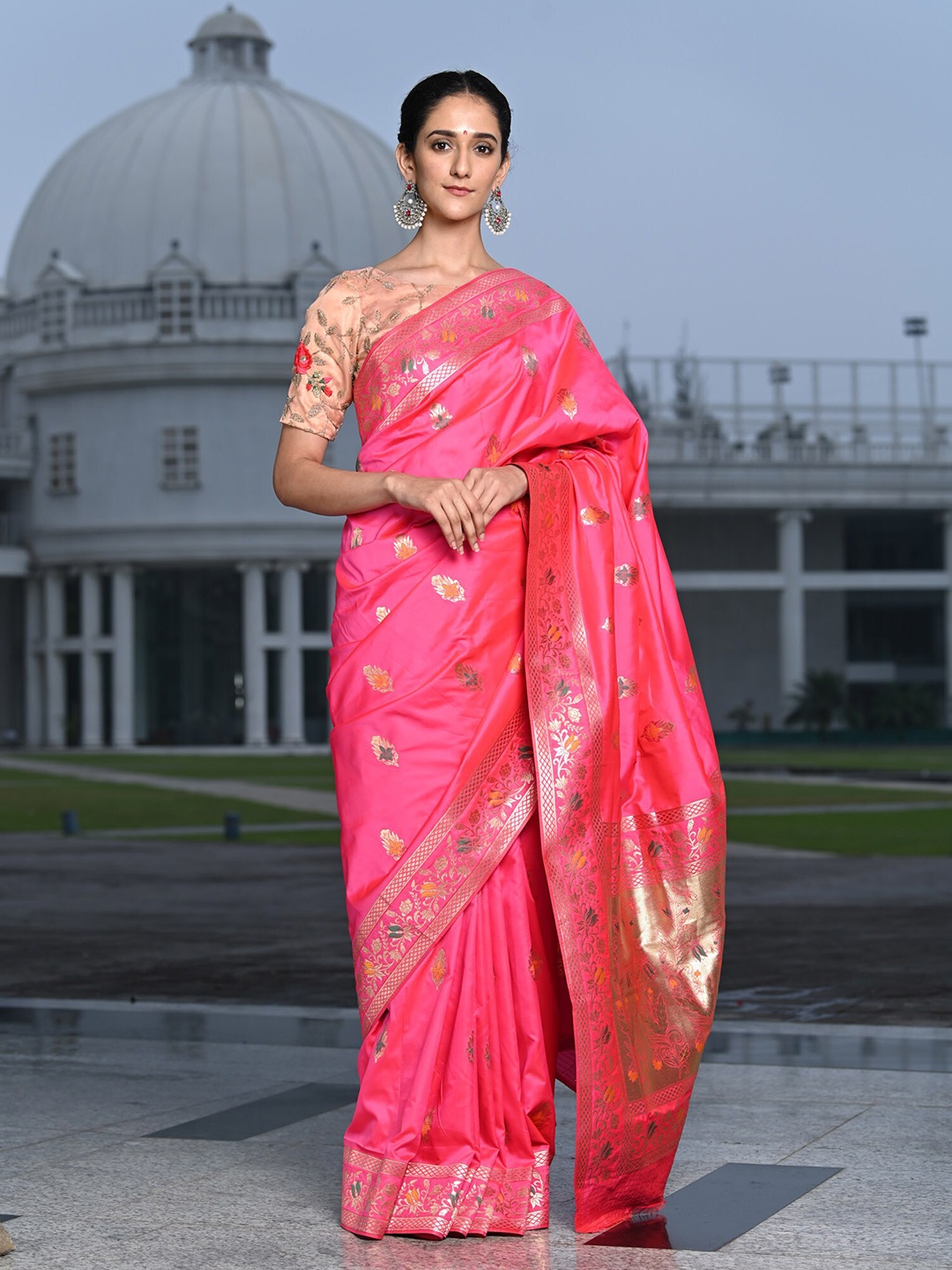 

BEATITUDE Pink & Green Ethnic Motifs Zari Banarasi Saree