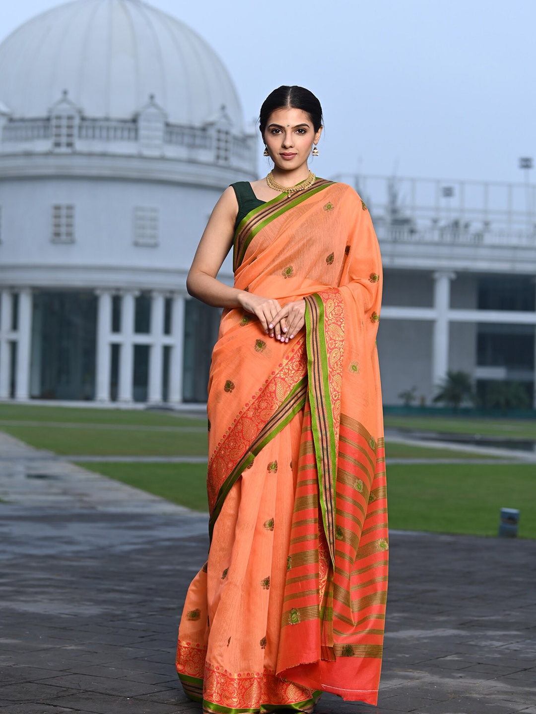 

BEATITUDE Orange & Green Woven Design Pure Cotton Saree