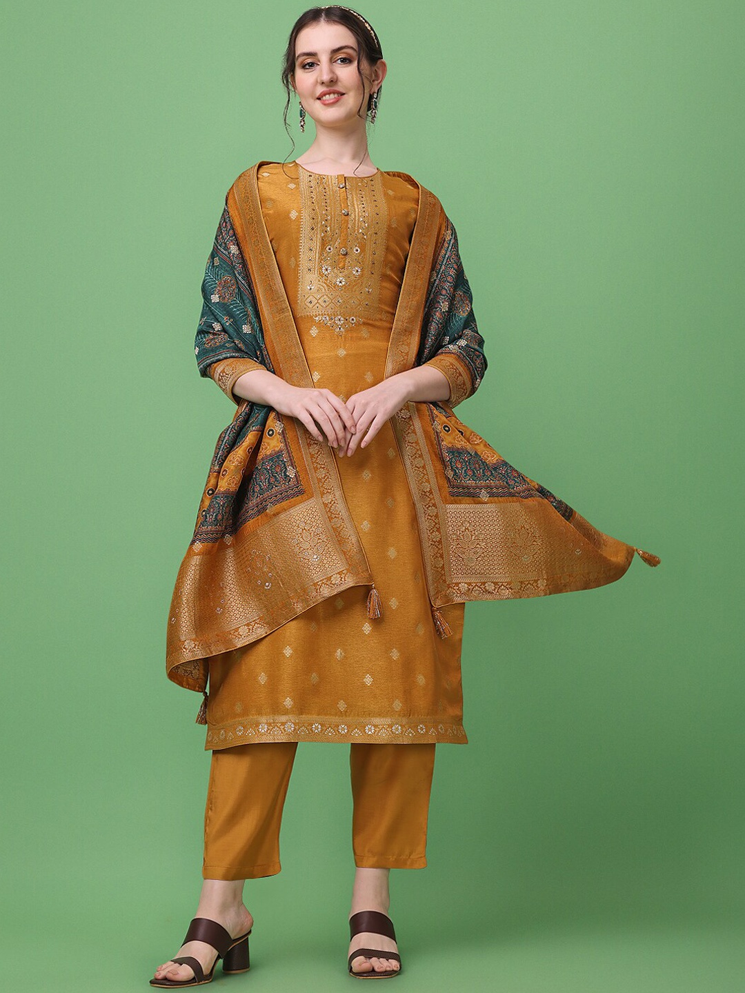 

Seerat Women Pure Silk Jacquard Kurta with Trousers & Dupatta, Mustard