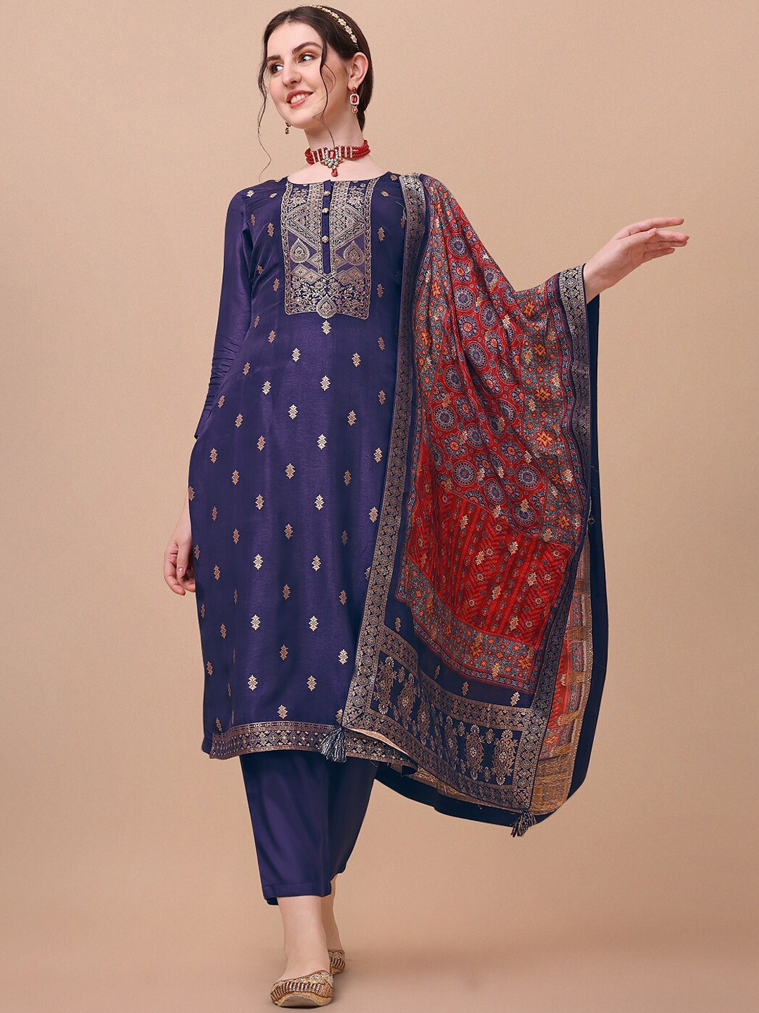 

Seerat Women Navy Blue Jacquard Pure Silk Kurta with Trousers & Dupatta
