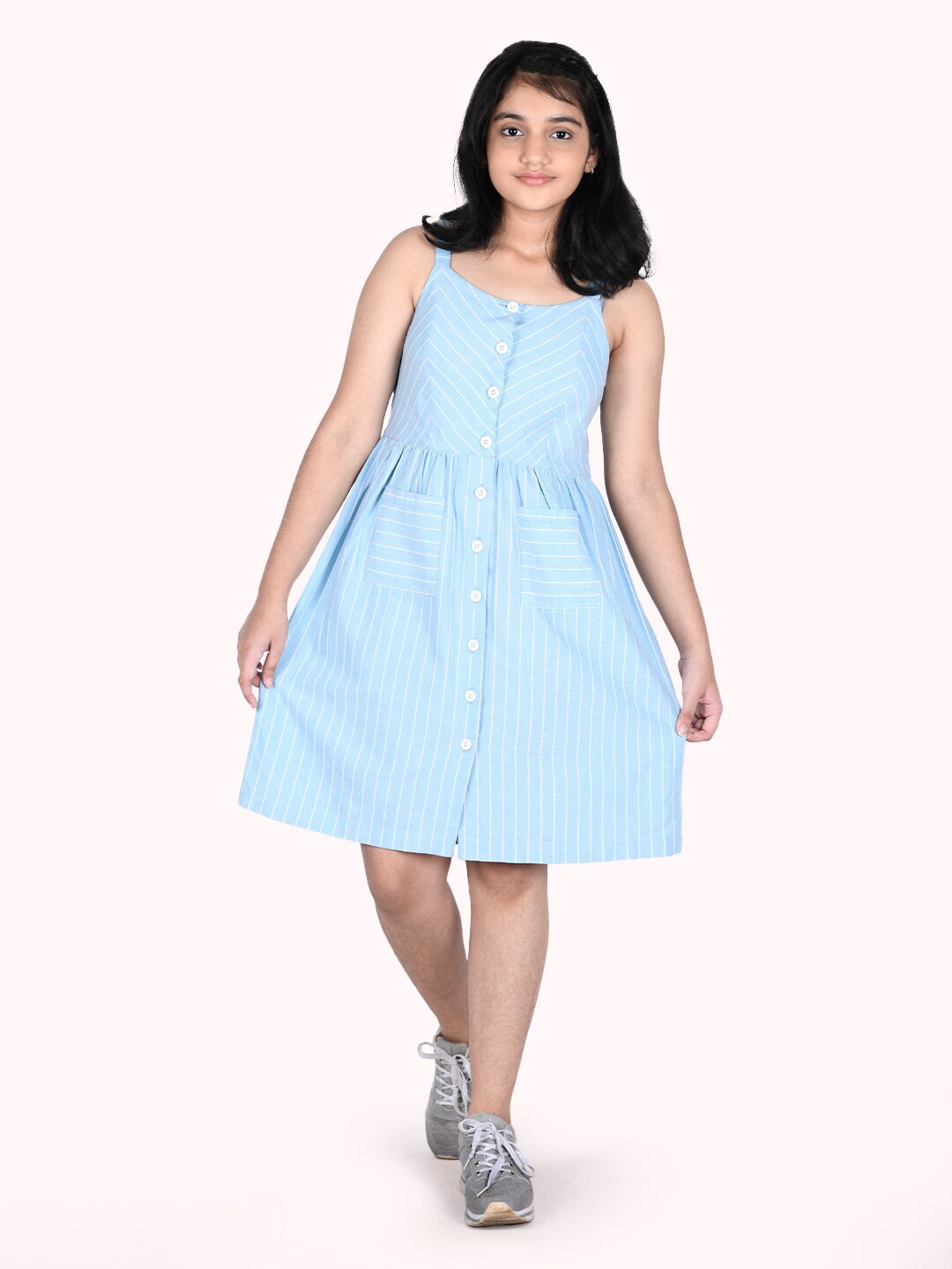 

Zalio Girls Blue & White Cotton Striped Dress