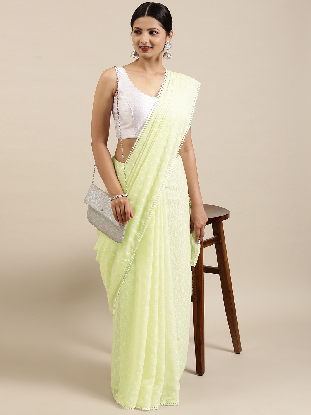 

Pothys Green & White Paisley Pure Chiffon Saree
