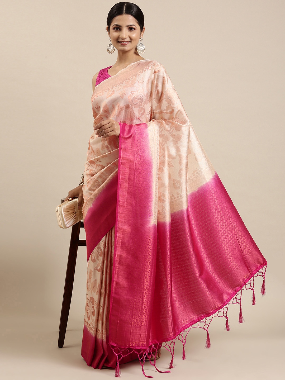 

Pothys Cream-Coloured & Pink Floral Art Silk Banarasi Saree