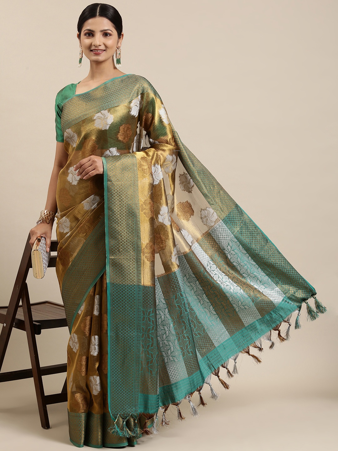 

Pothys Brown & Silver-Toned Floral Zari Jute Silk Saree