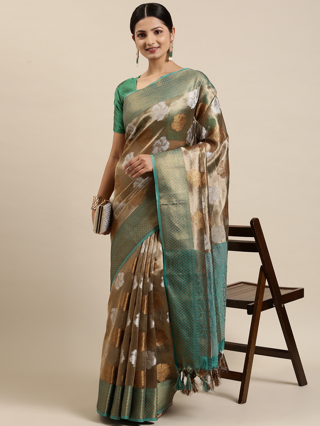 

Pothys Brown & Silver-Toned Floral Zari Jute Silk Saree