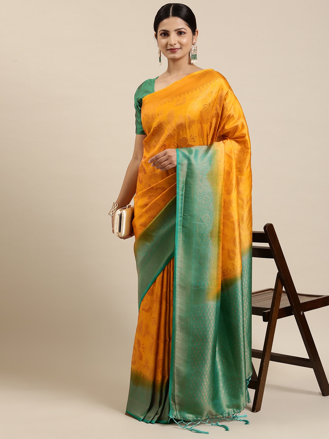 

Pothys Yellow & Green Floral Art Silk Banarasi Saree