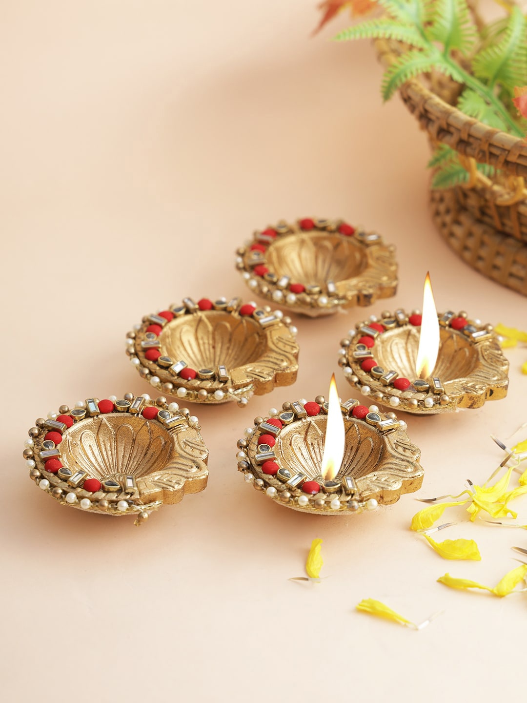 

Aapno Rajasthan Set Of 5 Gold-Toned & Red Handmade Terracotta Diyas