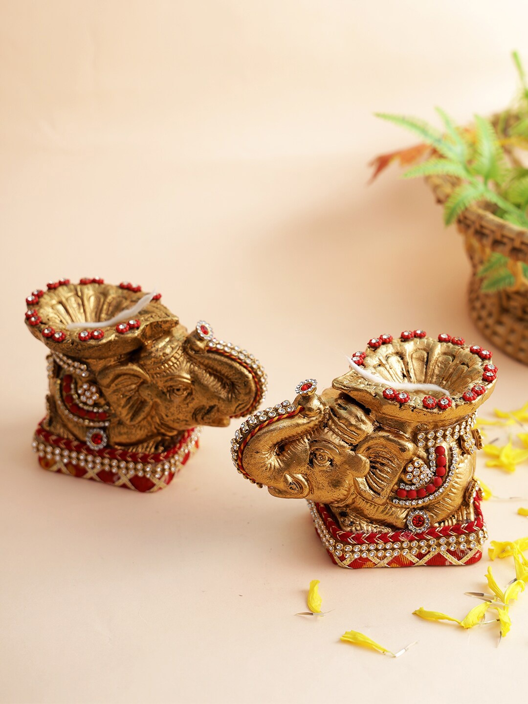 

Aapno Rajasthan Set Of 2 Gold-Colored Red Elephant Shape Diyas with Stone Emballishment