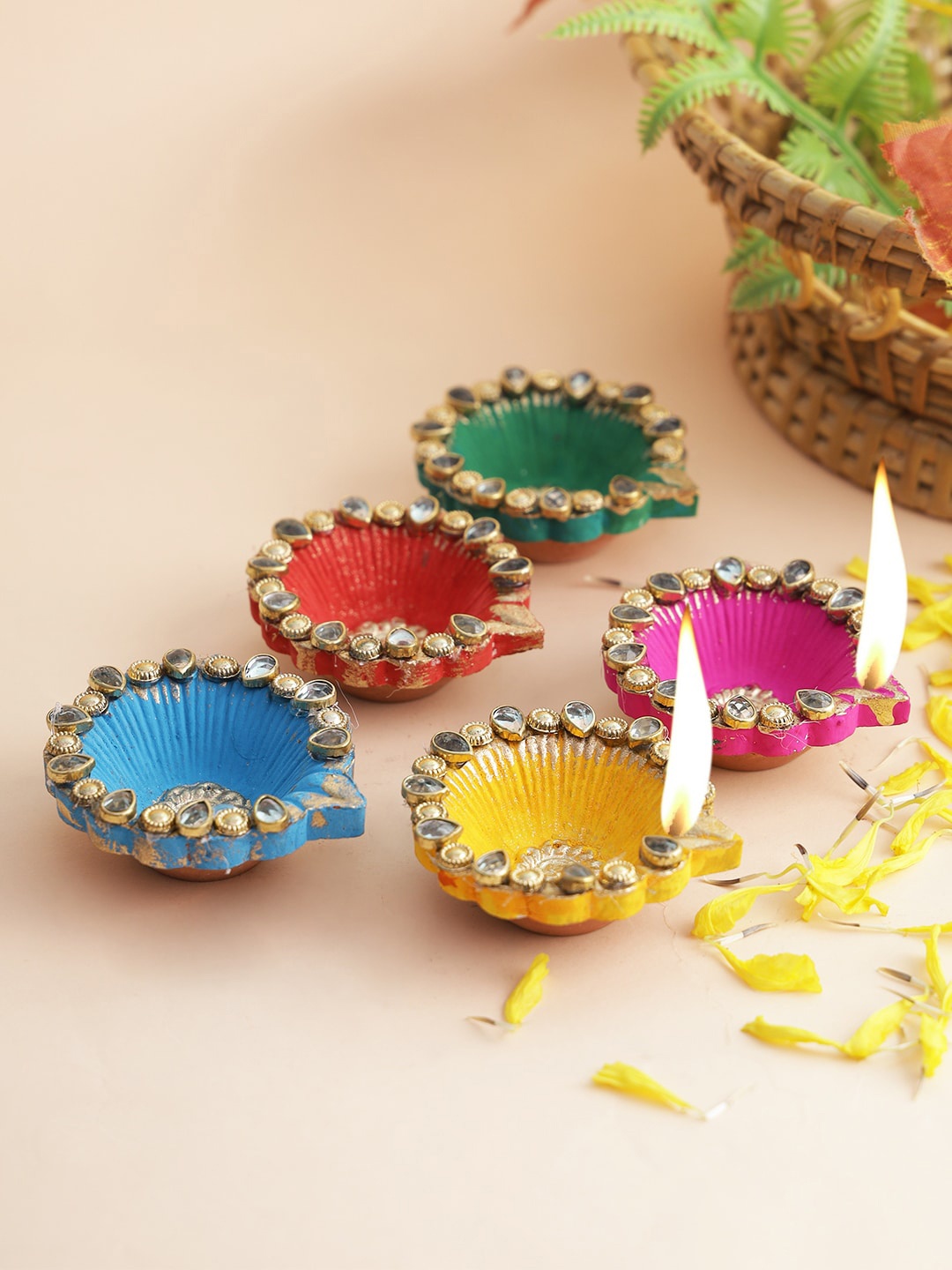 

Aapno Rajasthan Set of 5 Textured Reusable Diya, Red