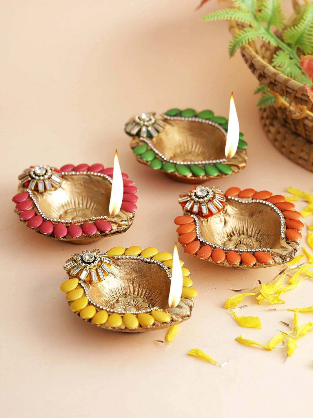 

Aapno Rajasthan Set Of 4 Handcrafted Diyas, Green