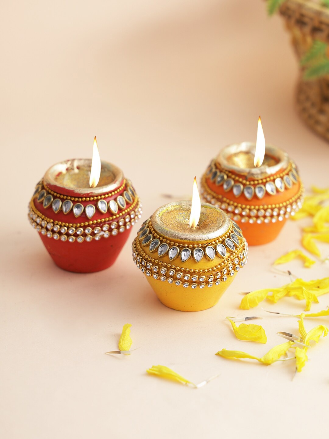 

Aapno Rajasthan Set Of 3 Red & Yellow Handmade Terracotta Gel Filled Diyas