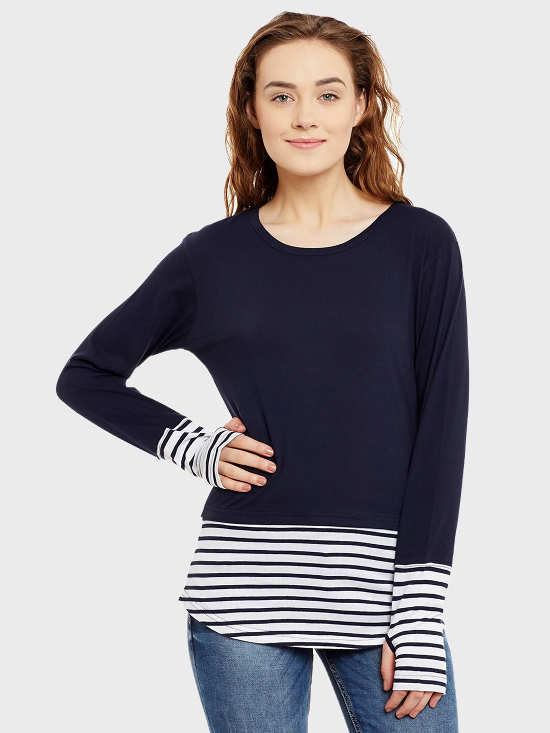 

Hypernation Women White & Navy Blue Striped Pure Cotton T-shirt