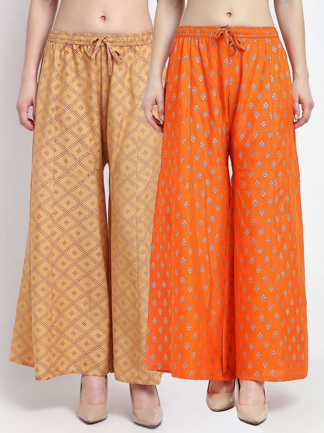 

GRACIT Women Beige & Orange 2 Printed Knitted Palazzos