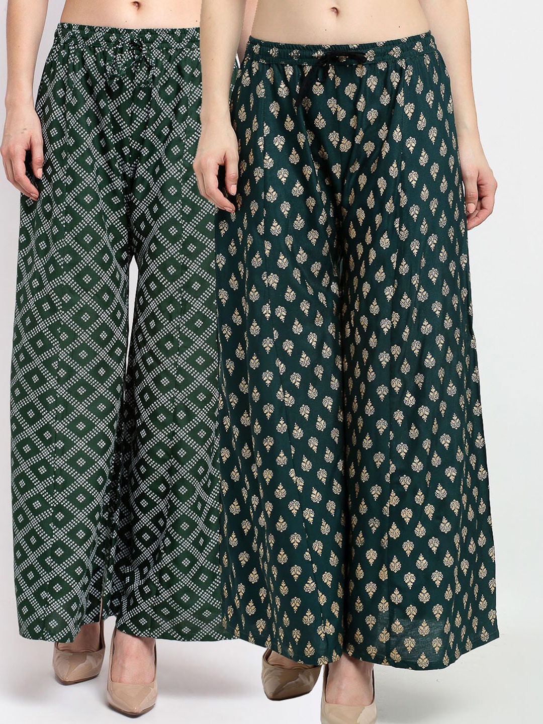 

GRACIT Women Green & Gold-Toned 2 Printed Knitted Ethnic Palazzos