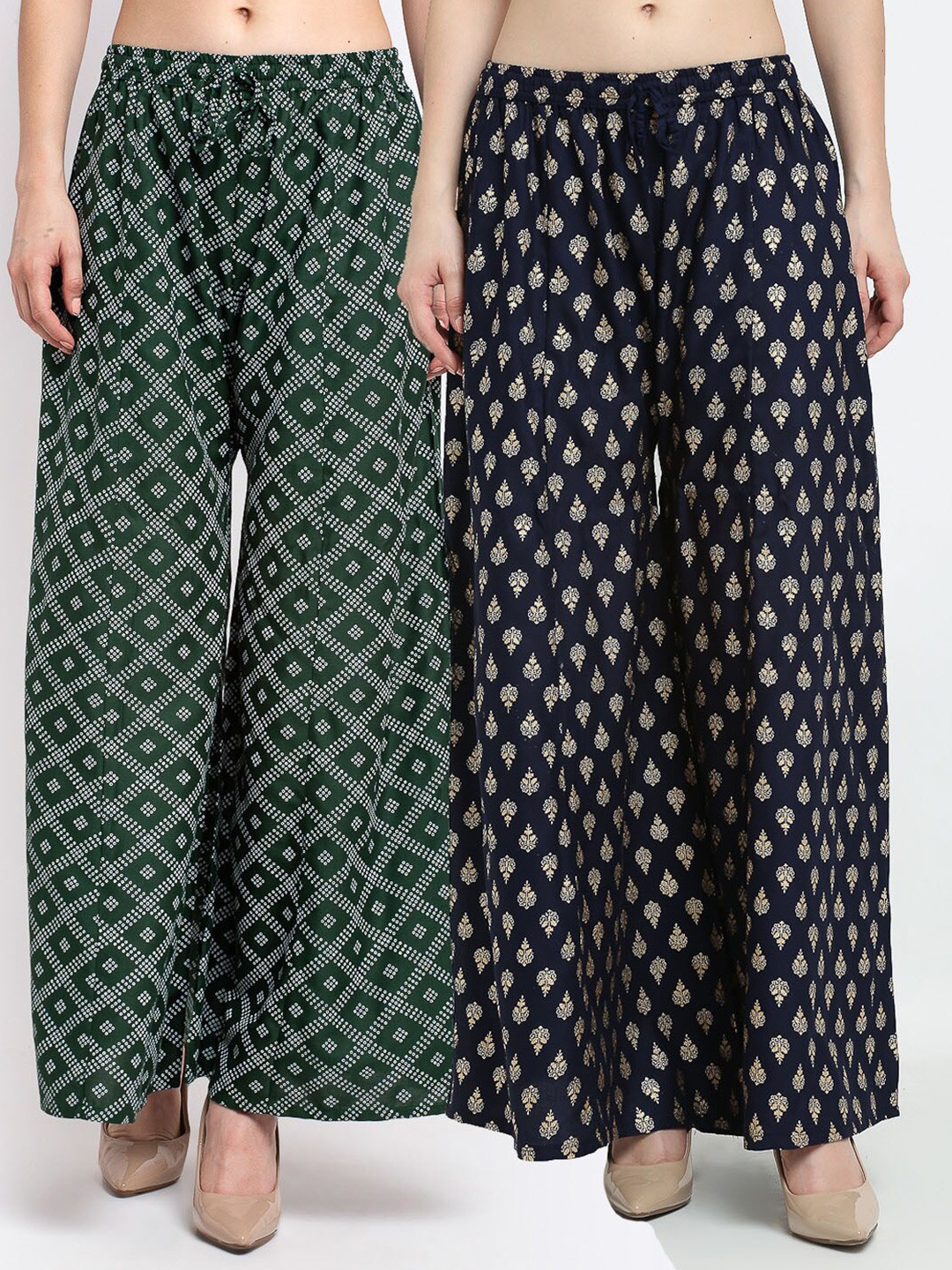 

GRACIT Women Green & Navy Blue 2 Printed Knitted Palazzos