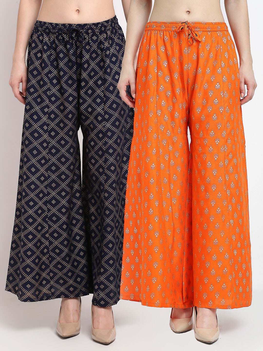 

GRACIT Women Navy Blue & Orange 2 Printed Knitted Ethnic Palazzos