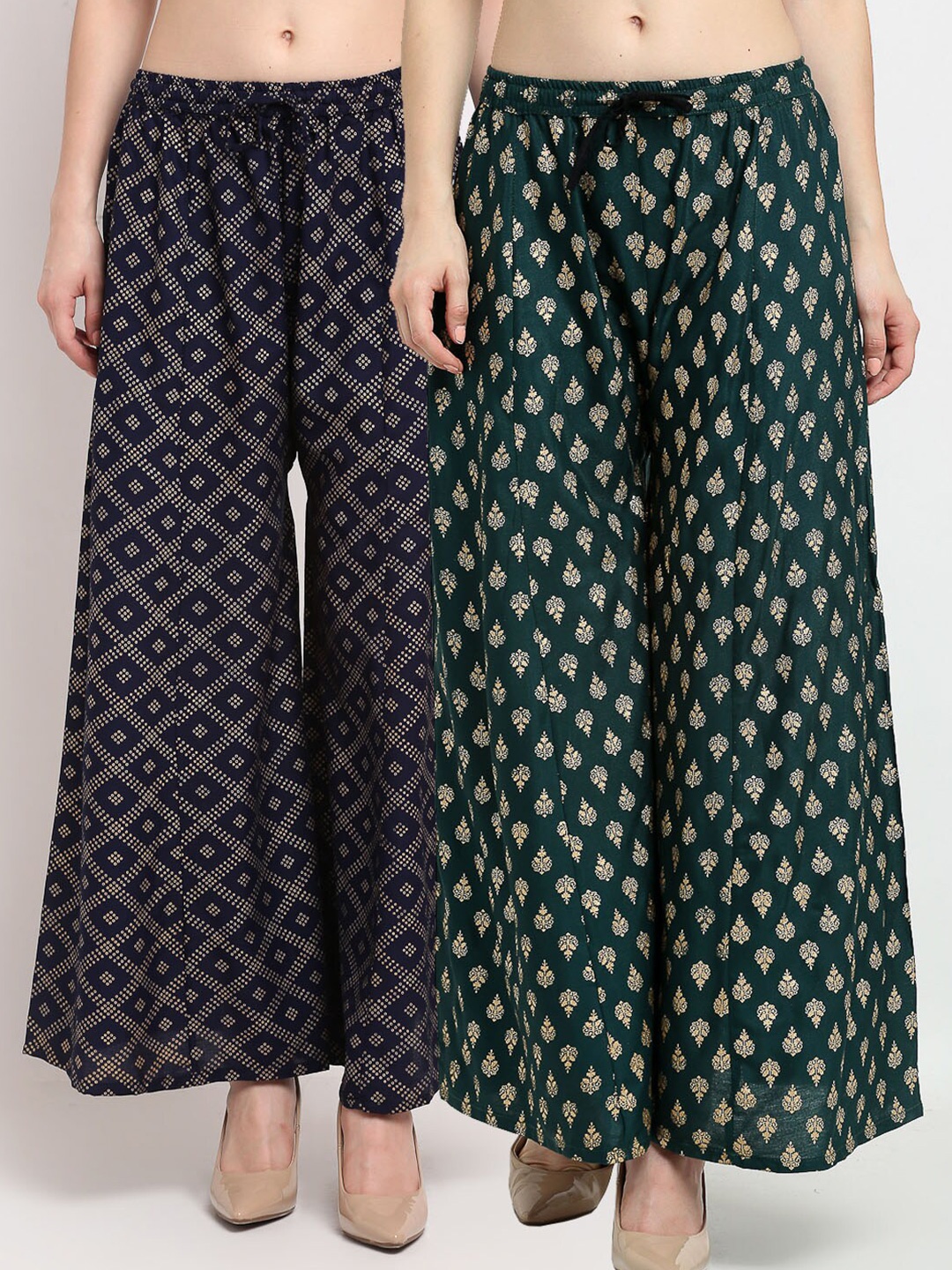 

GRACIT Women Navy Blue & Green 2 Printed Knitted Palazzos