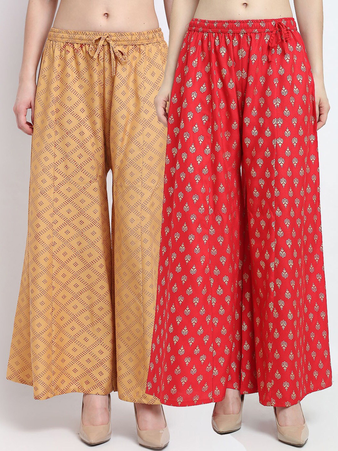 

GRACIT Women Beige & Red 2 Ethnic Motifs Printed Flared Knitted Palazzos