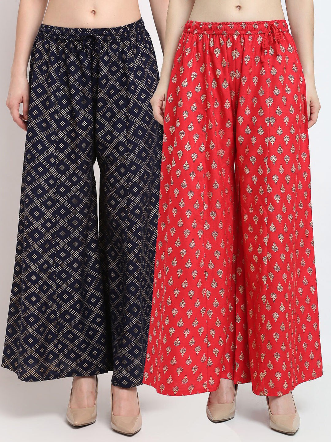 

GRACIT Women Pack Of 2 Ethnic Motifs Printed Knitted Ethnic Palazzos, Navy blue