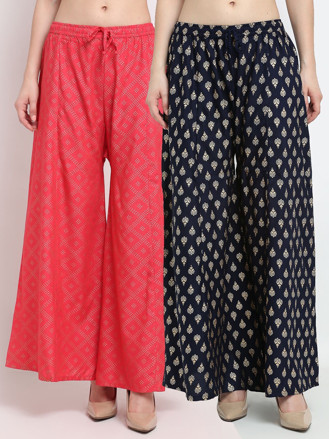 

GRACIT Women Orange & Navy Blue 2 Printed Knitted Ethnic Palazzos
