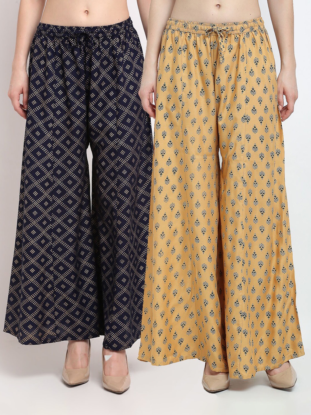 

GRACIT Women Navy Blue & Beige 2 Ethnic Motifs Printed Flared Knitted Palazzos