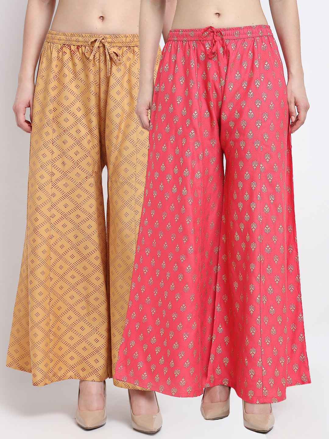 

GRACIT Women Beige & Red 2 Ethnic Motifs Printed Flared Knitted Palazzos