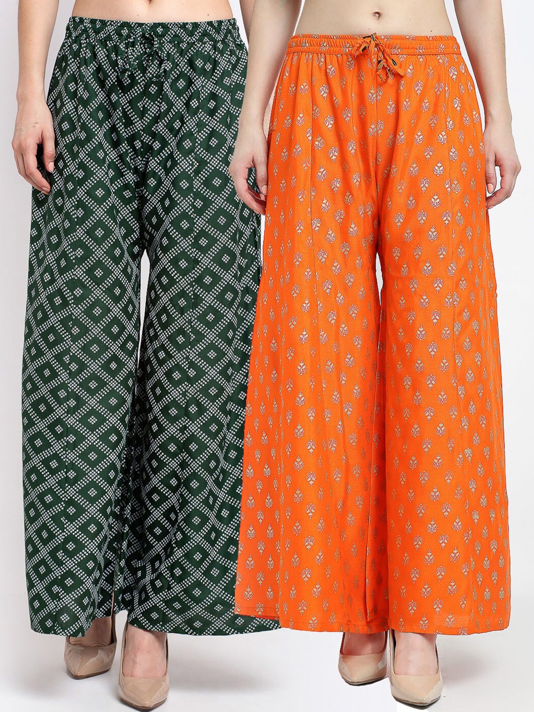 

GRACIT Women Green & Orange 2 Printed Knitted Ethnic Palazzos