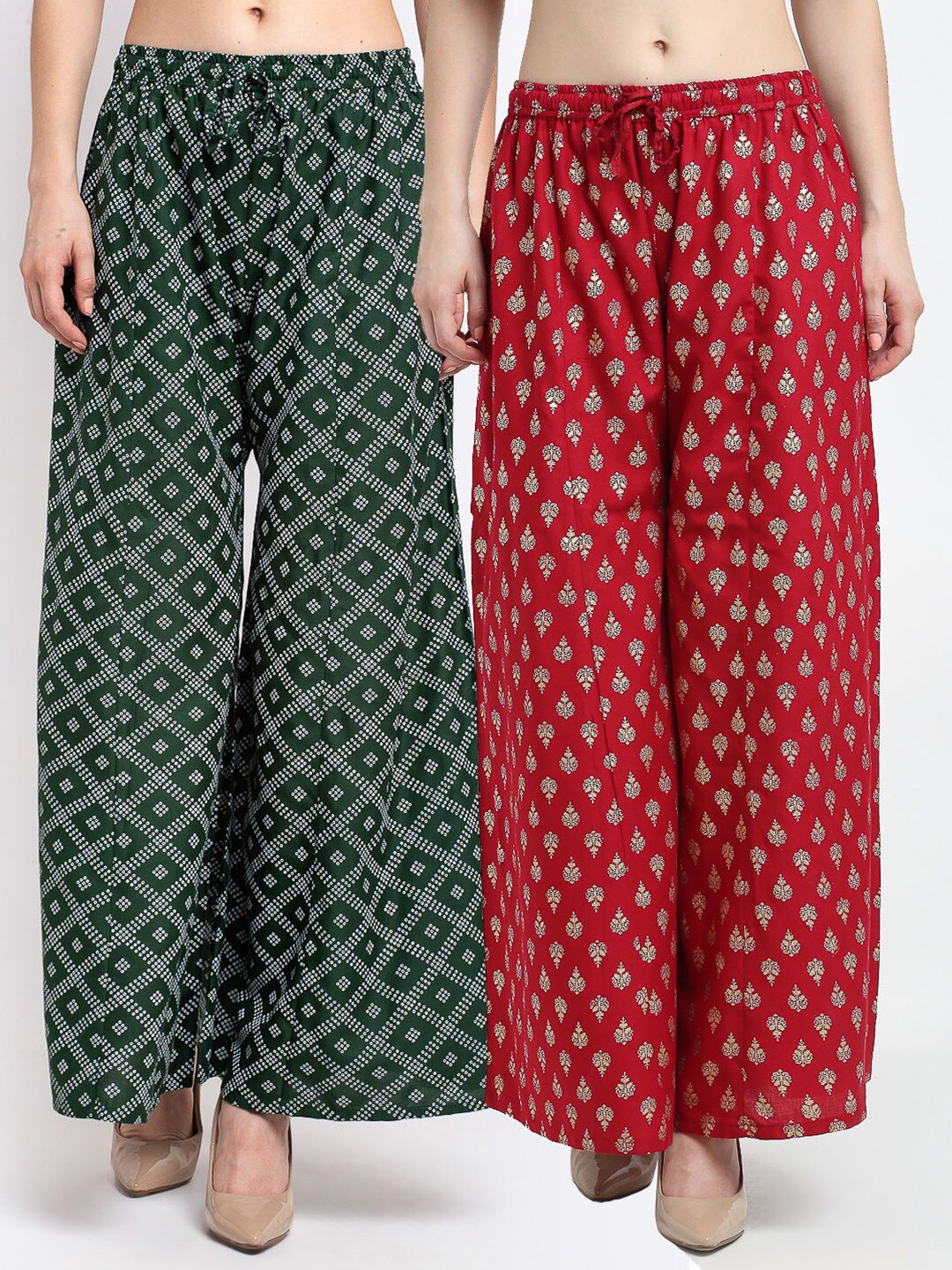 

GRACIT Women Green & Maroon 2 Printed Flared Knitted Ethnic Palazzos