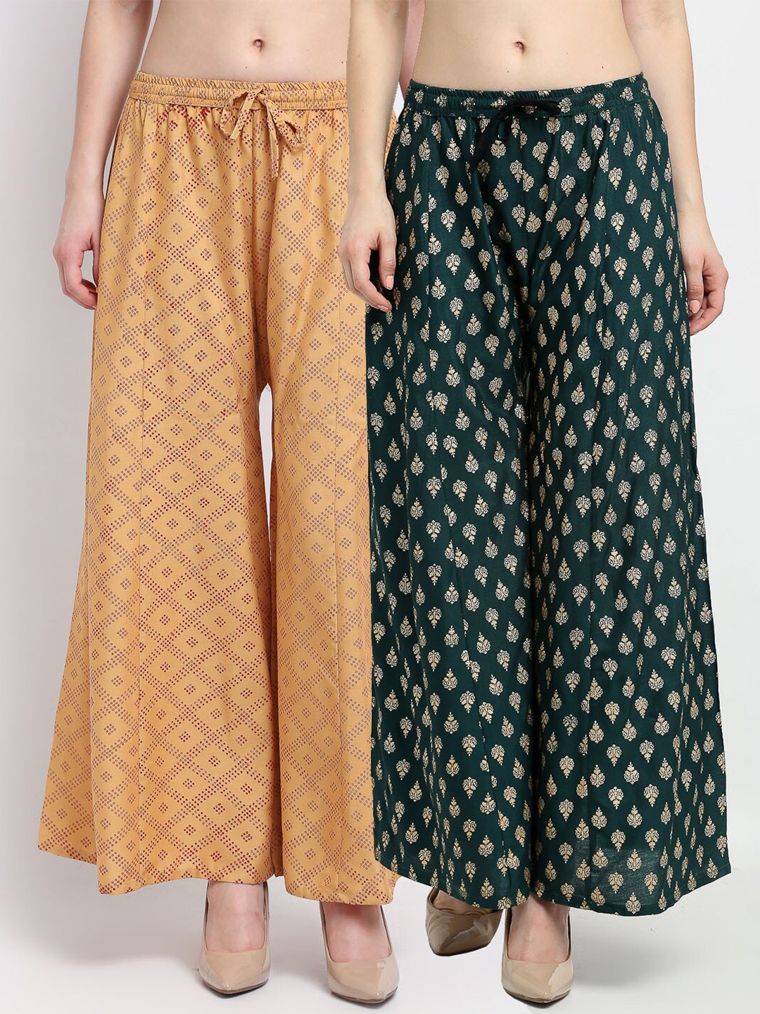 

GRACIT Women Beige & Green 2 Printed Flared Knitted Ethnic Palazzos