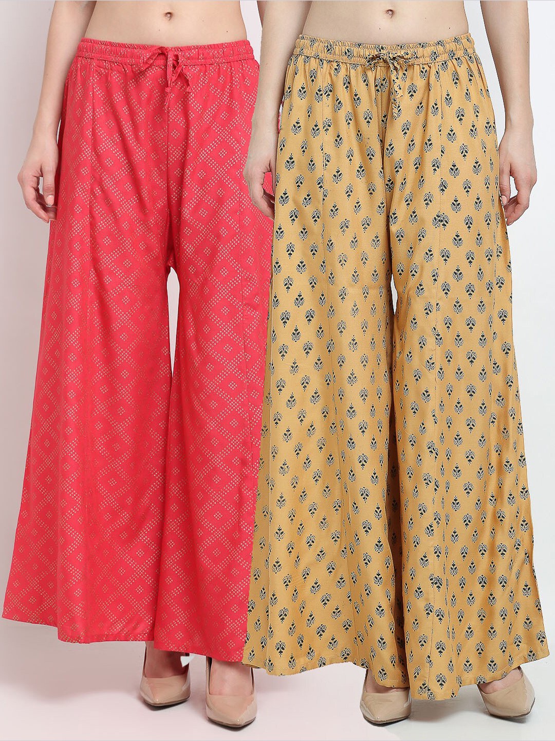 

GRACIT Women Orange & Mustard Yellow 2 Ethnic Motifs Printed Flared Knitted Palazzos