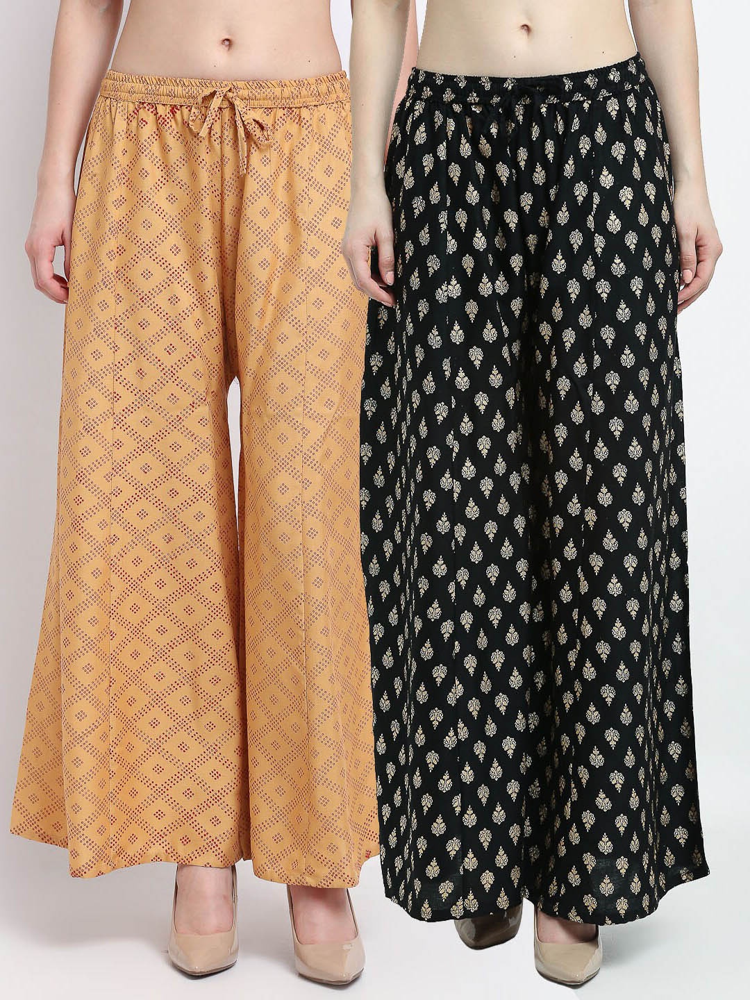 

GRACIT Women Beige & Black 2 Ethnic Motifs Printed Flared Knitted Palazzos